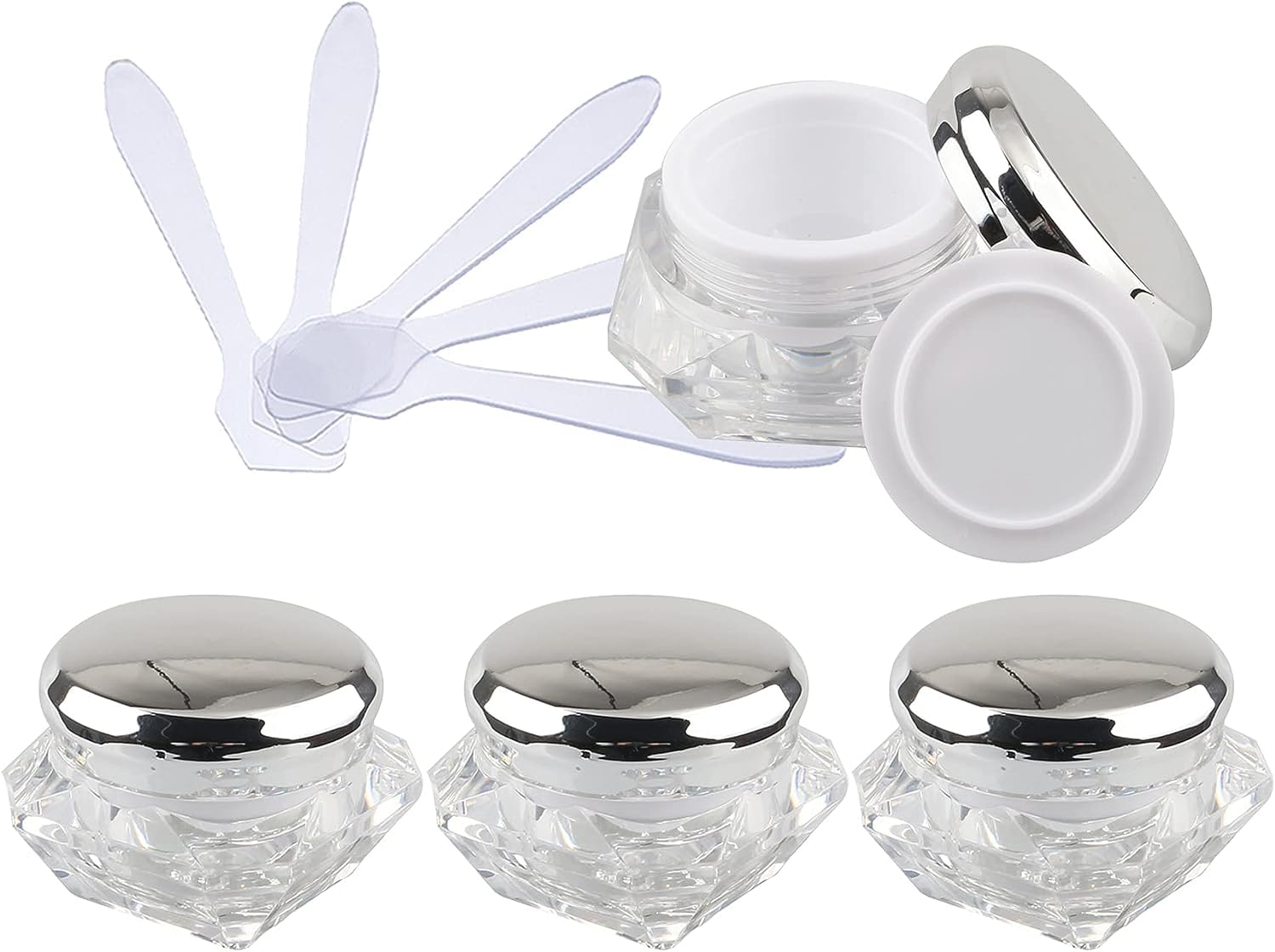FLYIODFCXV cosmetic jar, Pack of 4, Empty 10 ml Transparent Acrylic Diamond Shape Cosmetic Container with Pink Lids + x Spoon