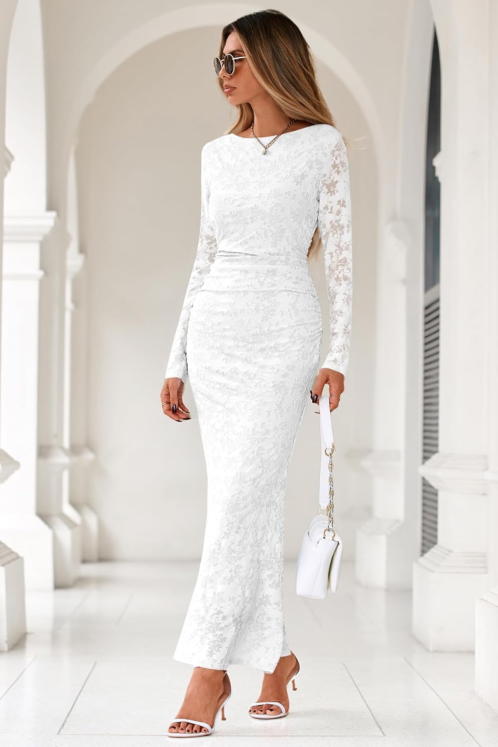 MITILLY Women's Formal Long Sleeve Dress Fall Elegant Floral Bodycon Ruched Cocktail Party Maxi Dresses New - Image 6