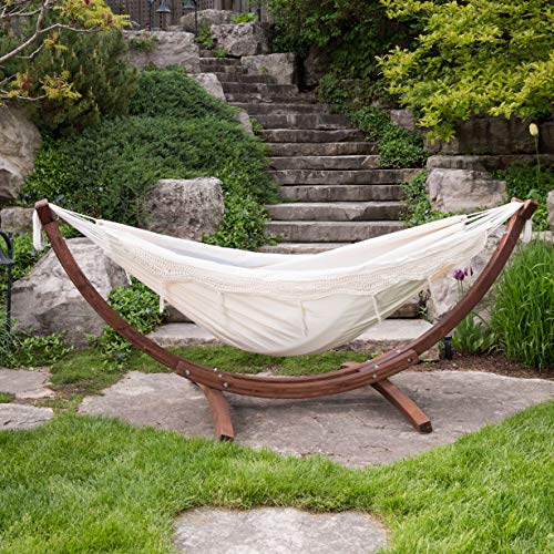 Vivere Double Cotton Hammock with Solid Pine Arc Stand - 450 lb Capacity, Durable FSC Wood Frame, Comfortable 87 Bed, Includes Hardware & User Guide - Thumbnail 5
