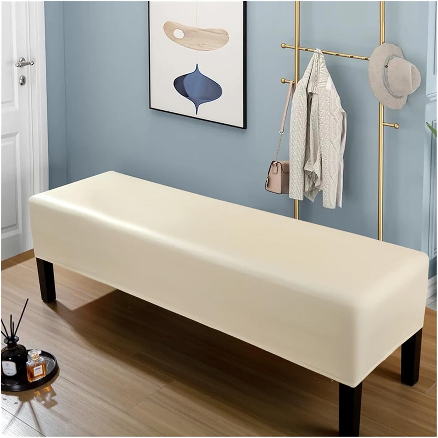 Bench Cushion Cover Stretch Pu Leather Waterproof Bench Slipcover 1Pcs Dining Room Covers Removable Washable Protector for Living(Beige)