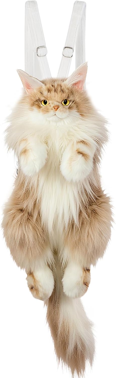 Realistic MaineCoon Cat Shaped Backpack Carry Over Shoulder, on One Shoulder or Crossbody with Adjustable Straps (Light Gold)