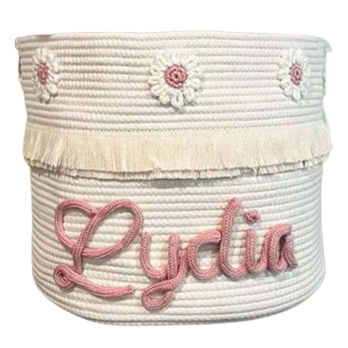 Personalized Flowers Design Baby Rope Name Basket, Custom Large Rope Storage Bin, Laundry, Toys, and Baby Blankets Organizer Cotton Woven Nursery