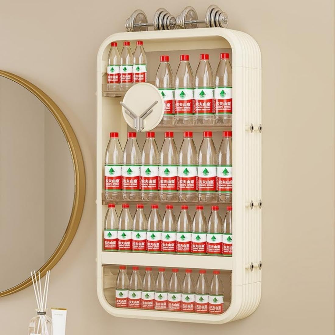 Wall Storage Rack with Open Storage, Floating Cosmetics Rack with Large Capacity Wall Mounted Storage Shelf with Tissue Hole 4 Tiers Makeup Organizer with Hooks Beige for Bathroom