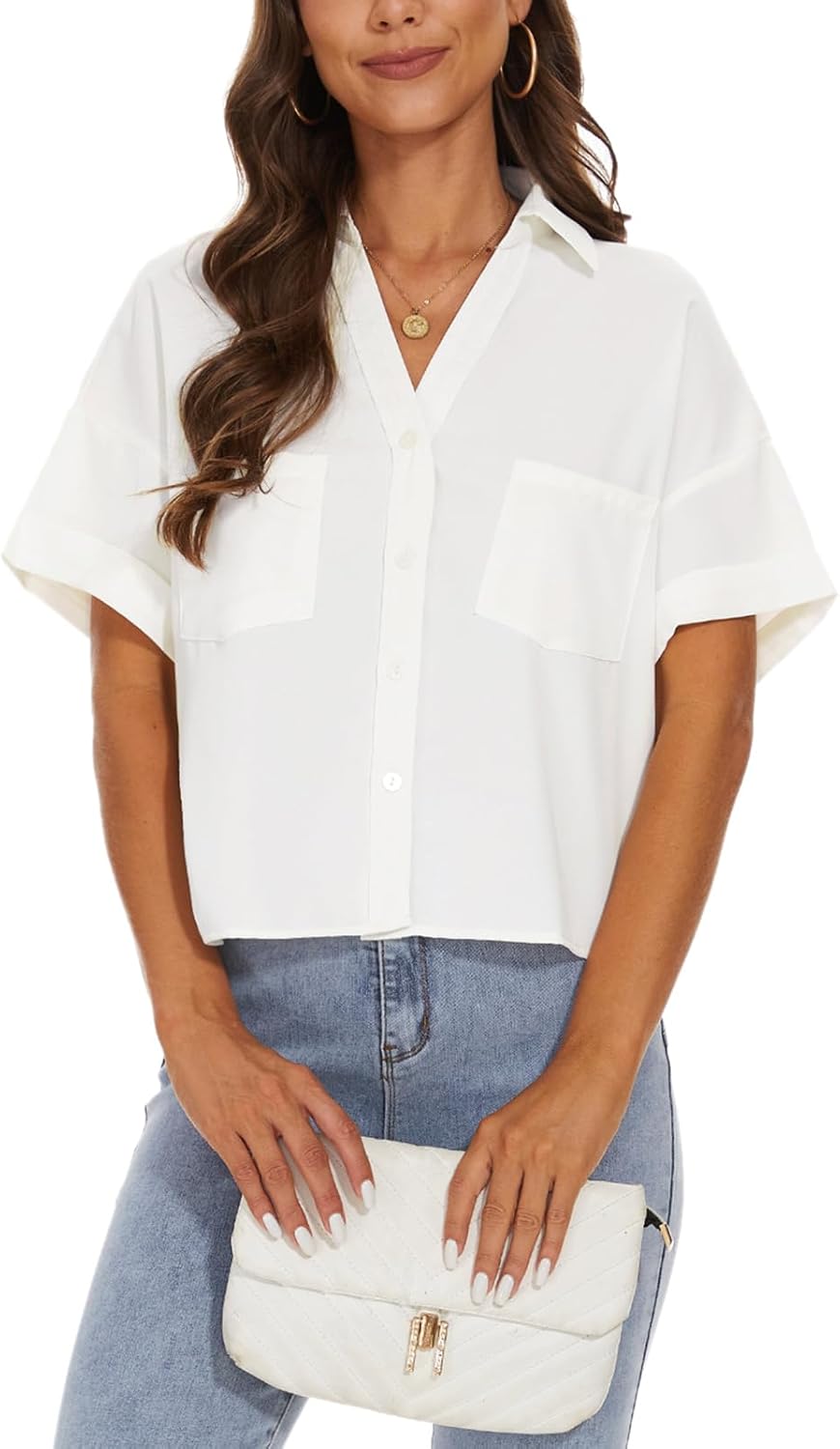 MINTLIMIT Womens Button Down Crop Tops Casual Short Sleeve Cropped Shirts Solid Lapel Blouse Shirt with Chest Pocket - Image 5