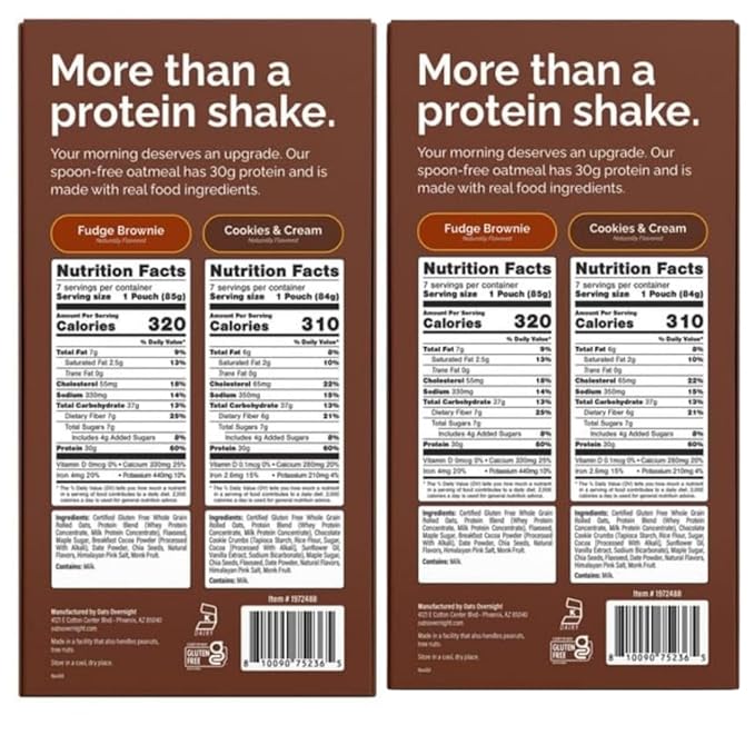 Oats Overnight Variety Pack, 30g Proteína Avena, Cookies & Cream & Fudge Brownie, 14 Pack + Botella miniatura 2