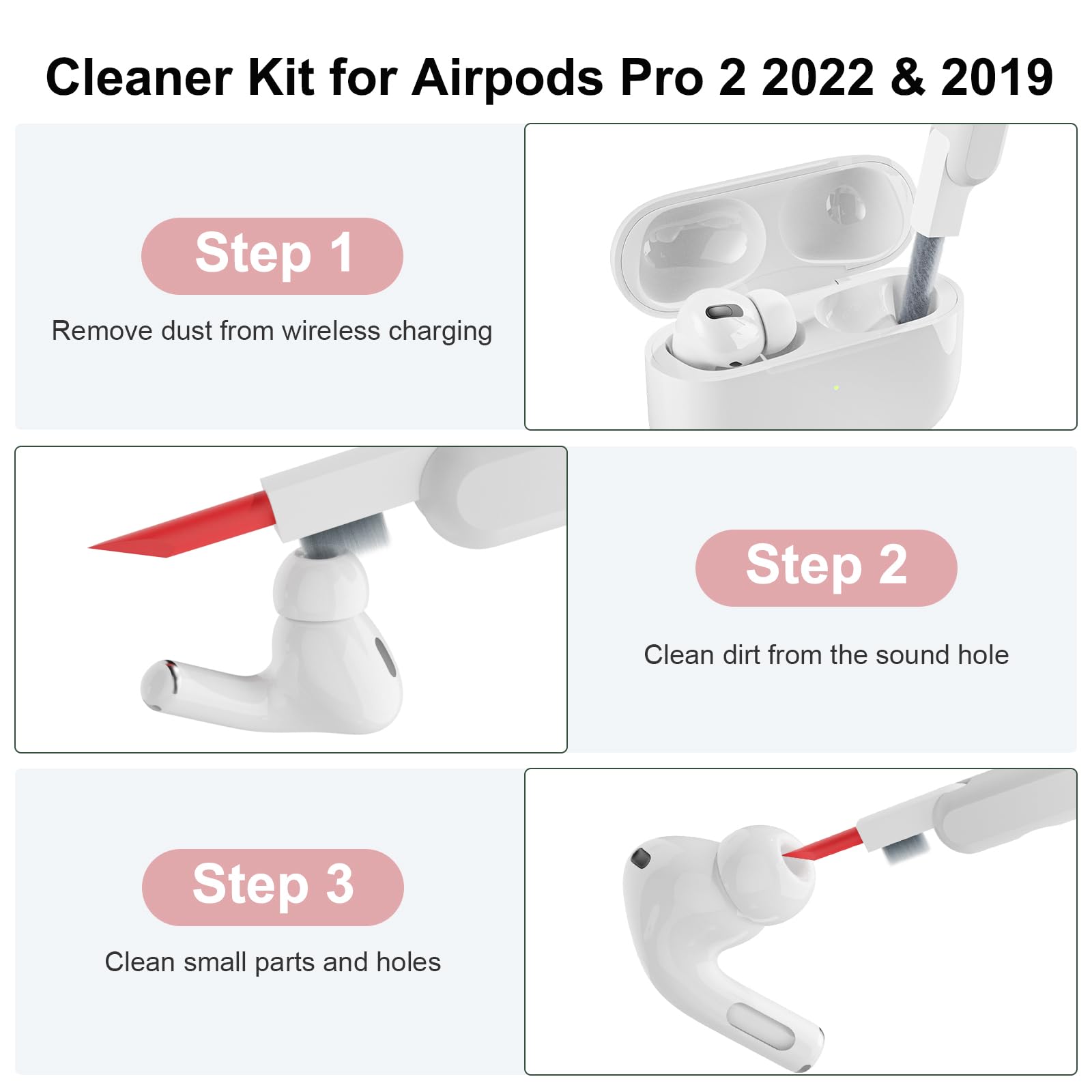Custodia in Silicone Compatibile per AirPods Pro 2 2022 e 2019 con Kit di Pulizia, Case Cover Protettiva in Premium Silicone per Airpods Pro 2a e 1a Generazione con Moschettone, Bean Pink - 3