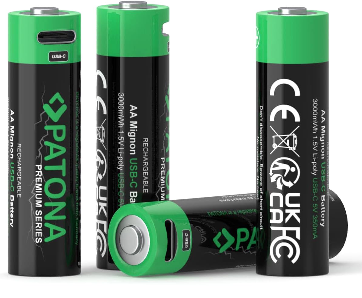 PATONA 4x AA Mignon batterie ricaricabili USB-C, 1,5V / 3000 mWh (2000 mAh) – per controller, giocattoli, telecomandi, flash e mouse – cavo USB-C 1-a-2 incluso, niente caricatore esterno