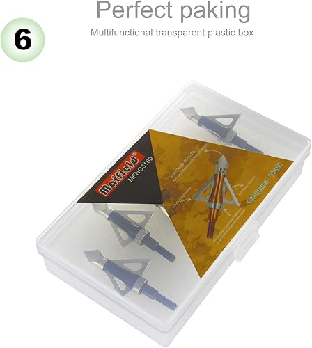 Miniatura 6 de maifield Arco Broadheads de 100 granos Bowhunting Flerow Head 3 cuchillas fijas, paquete de 6 para ballestas de juego pequeño y flechas de arco