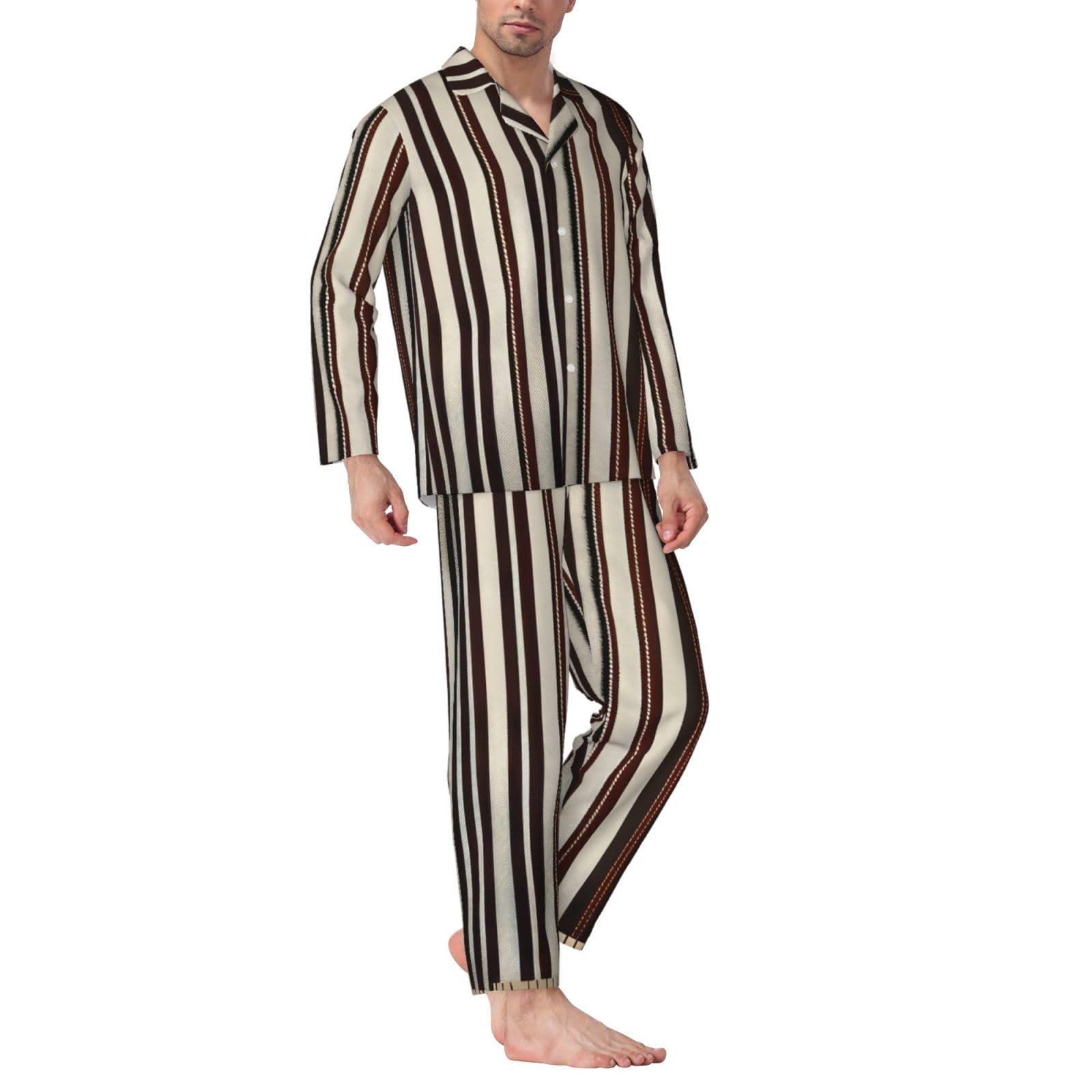 Herren-Pyjama-Set, langärmelig, gestreift, zweiteilig, bequem, Nachtwäsche, Braun