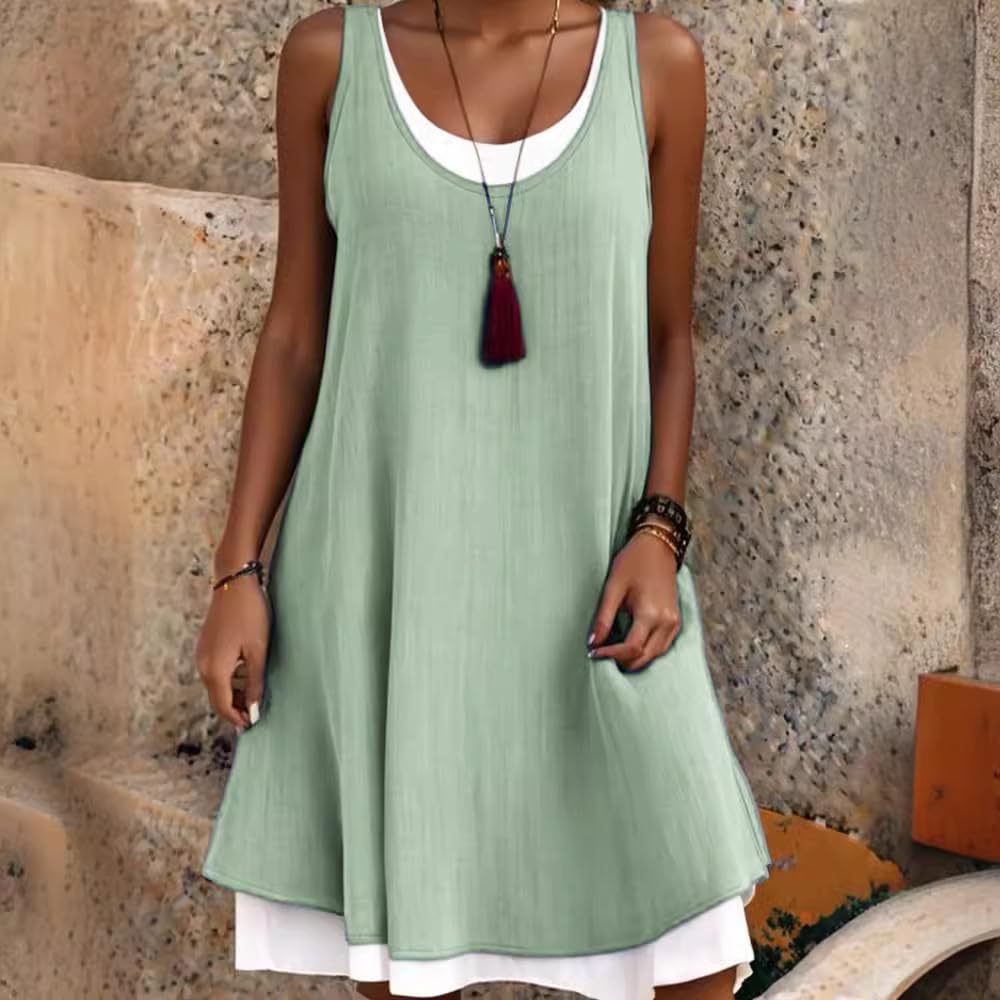 Damen-Midikleid aus Baumwollleinen, ärmelloses U-Ausschnitt-Midikleid in Knielänge, A-Linien-Tunika, Mini-Swing-Sommerkleid, lässiges Strand-Sonnenkleid