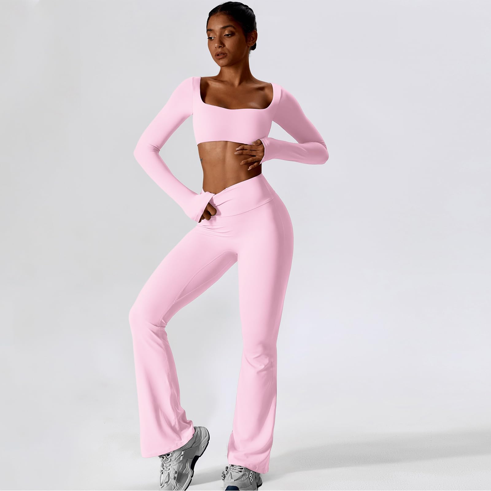IDOPIP Set sportivo da donna a maniche lunghe per il fitness: set da palestra in due pezzi con maniche lunghe e leggings – abbigliamento sportivo per yoga pilates allenamento