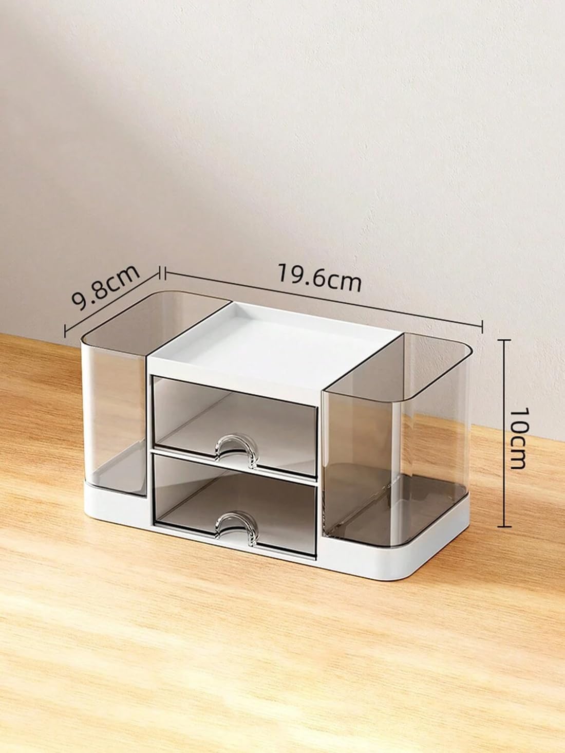 2V BROTHERS Desk Organizer Pen Pencil Holder with Transparent 4 Slot & 2 Clear Drawer Desktop for Office Supplies Stationery Staplers Clips Sticky Notes Remote Mobile Holder Visiting Card -White