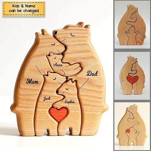 Rompecabezas de madera personalizado para familia de osos, regalo para la familia, esculturas de madera de rompecabezas, arte de madera,