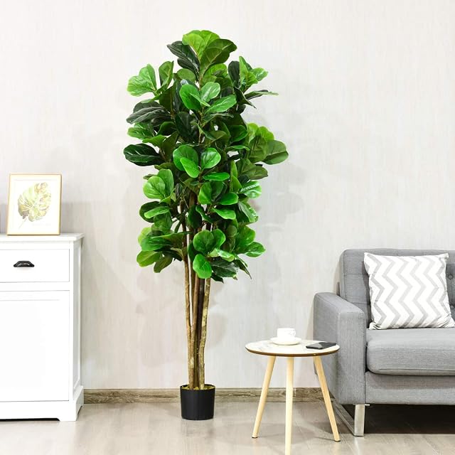 COSTWAY Artificial Trees with Plastic Pot, Lightweight & Easy to Clean Fiddle Fig Tree, Non Toxic Materials, Fake Decorative Plants for Home Office Lobby Restaurant (Green, 1.8m)