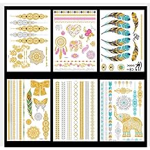 Temporary Boho Metallic Tattoos for Women Girls | Gold Silver Shimmer Designs Jewelry Tattoos | 80+ Color Fake Waterproof Tattoo Stickers Henna Body Paints Tatoo-6 Sheets
