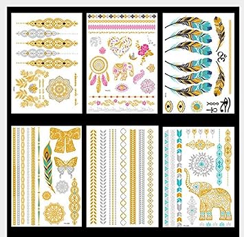 Temporary Boho Metallic Tattoos for Women Girls | Gold Silver Shimmer Designs Jewelry Tattoos | 80+ Color Fake Waterproof Tattoo Stickers Henna Body Paints Tatoo-6 Sheets