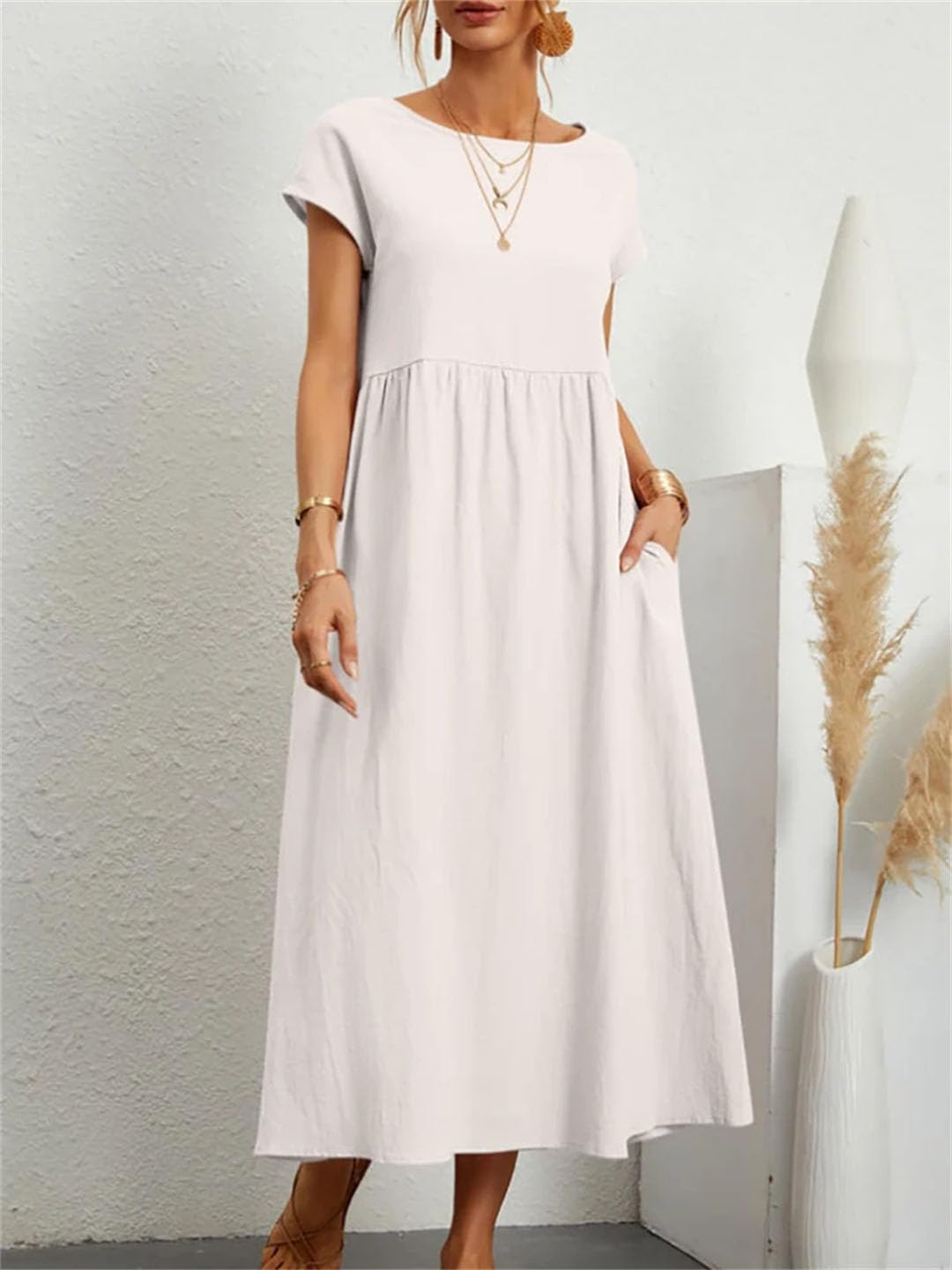 Elegancka sukienka damska, krótki rękaw, okrągły dekolt, vintage, Harajuku, bawełna, len, luźne kieszenie, długa sukienka