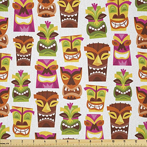 Ambesonne Tiki Bar Fabric by The Yard, Sixties Retro Inspired Hawaiian Party Happy Tiki Pattern Colorful, Microfiber Fabric for Arts and Crafts Textiles & Decor, 1 Yard, Brown Beige