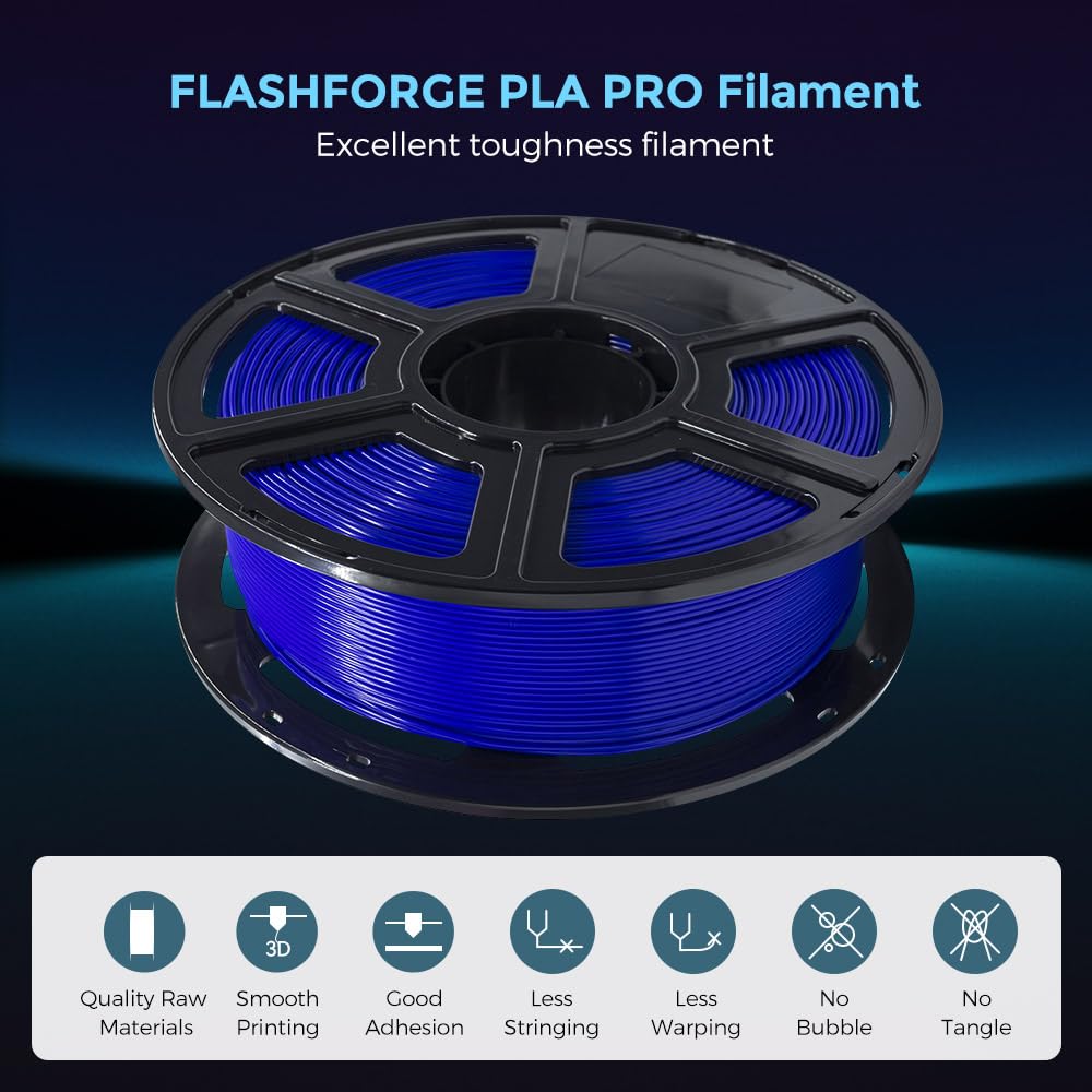 FLASHFORGE Filamento per stampante 3D, filamento PLA PRO da 1,75 mm, bobina da 1 kg (1 kg), precisione dimensionale +/- 0,02 mm per stampanti 3D FDM, migliore tenacia e nessun annodamento (Blu)