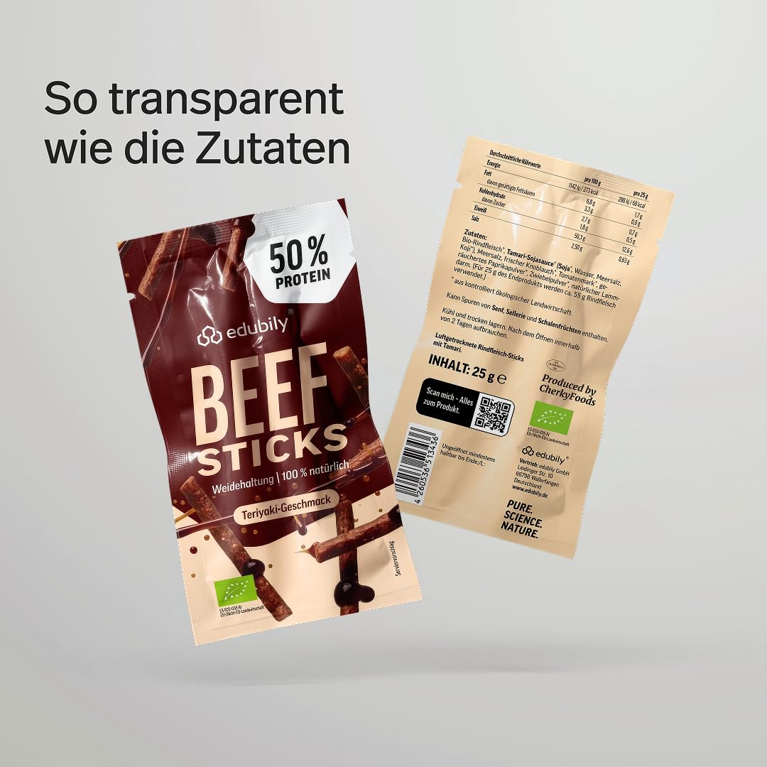 edubily® Beef Sticks Teriyaki - Beef Jerky Snack als herzhafter Protein-Snack für unterwegs - mit 50% Protein aus Bio-Rindfleisch & Tamari-Sauce - low carb (12x25 g, glutenfrei, Bio)