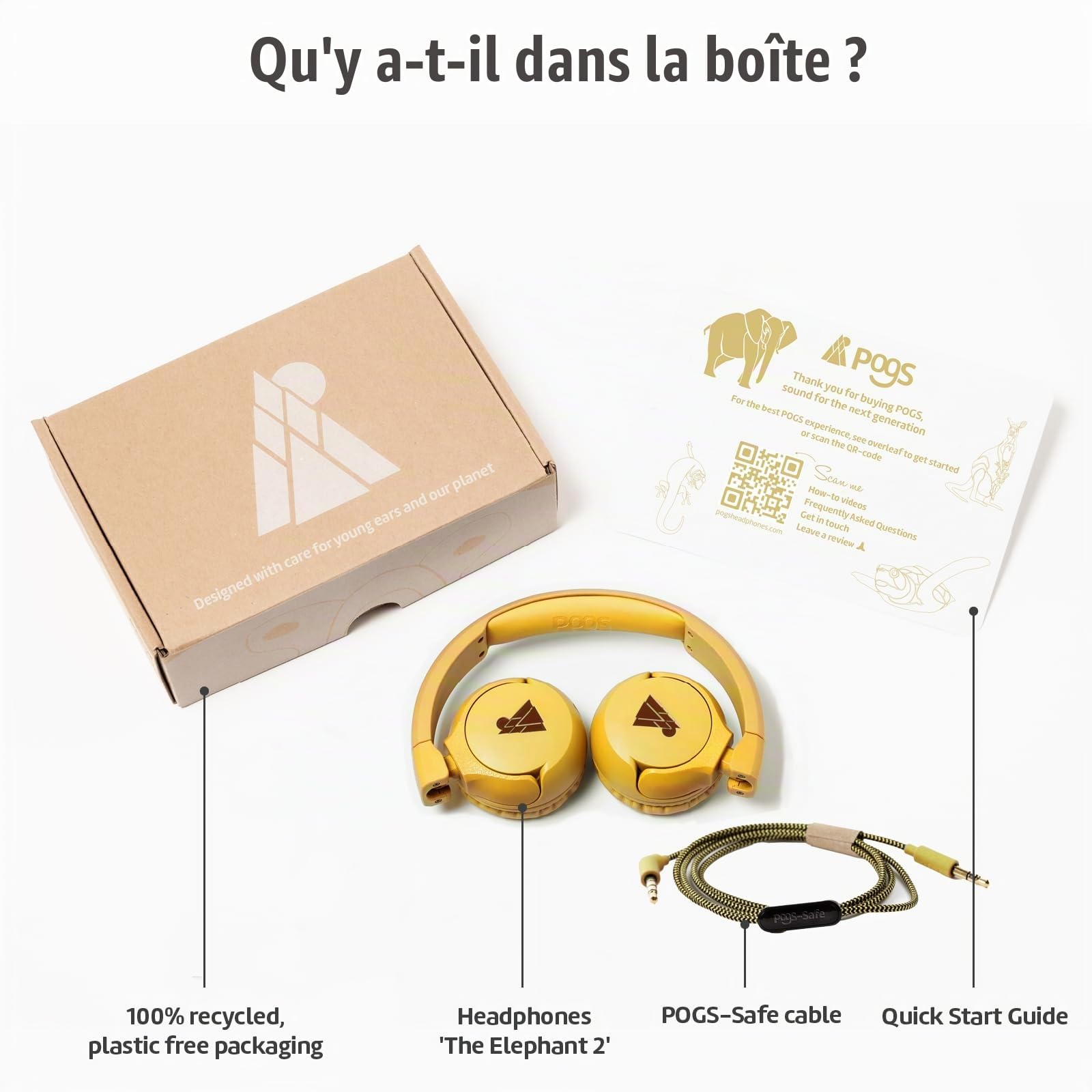 POGS The Elephant 2 Casque filaire réglable et durable pour enfants de 3 ans et plus | Limité à 85 dB, microphone | Supra-auriculaire | Fonction de partage de musique Câble audio de 3,5 mm sûr (1 m