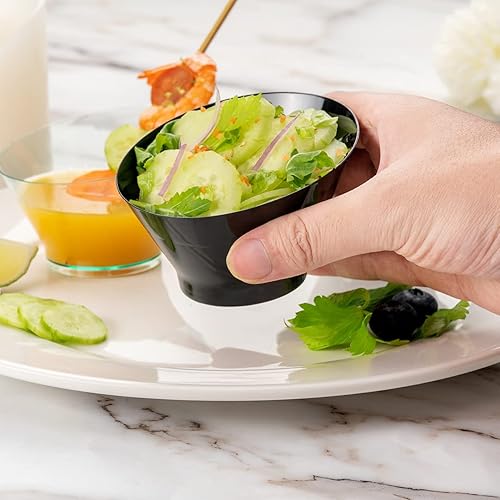 Miniatura 5 de Restaurantware 5 oz redondo de plástico negro pequeño tazón inclinado - 3 34" x 3 34" x 2 12" - Caja de 100 unidades