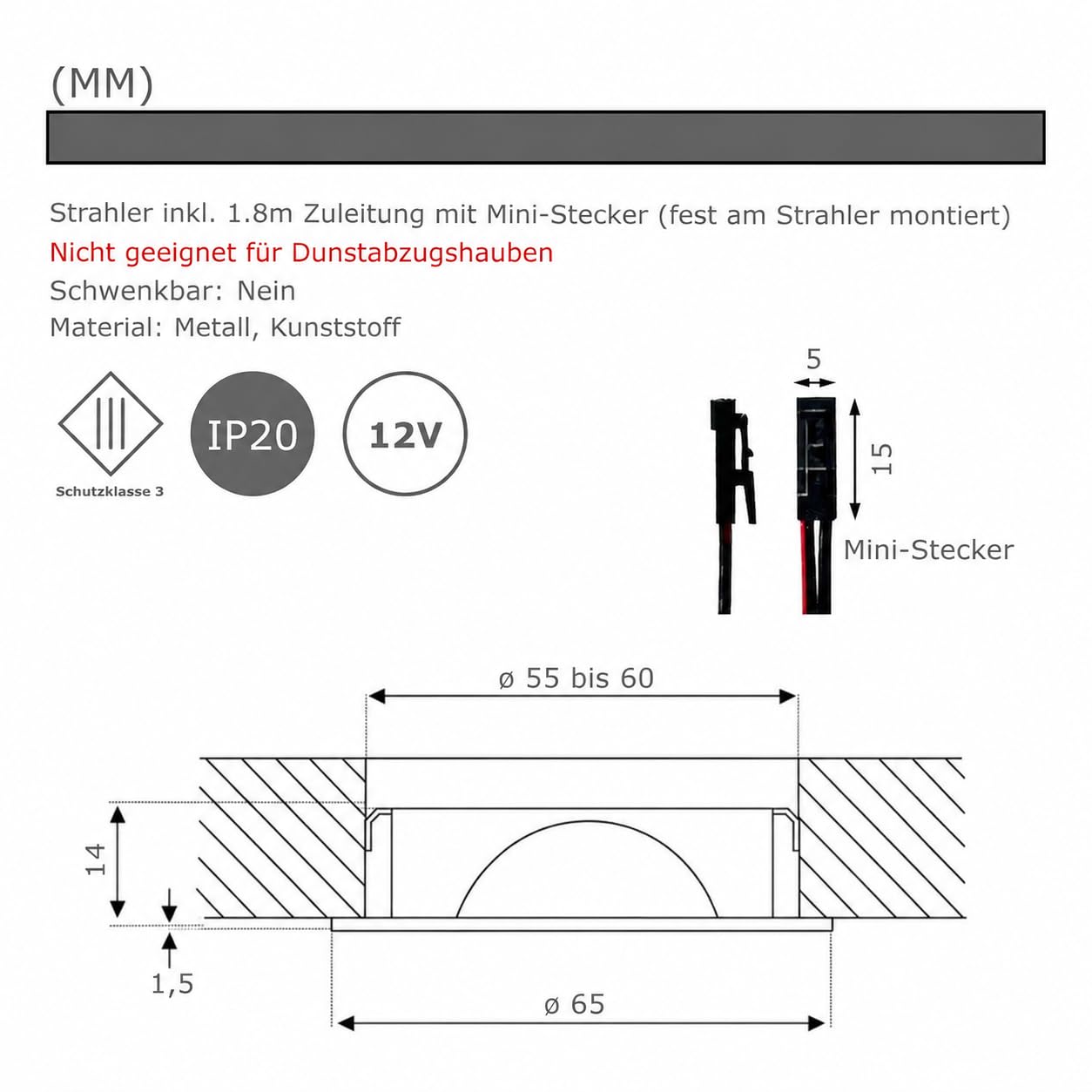6er Set LED Möbel Einbauleuchten Edelstahl Gebürstet superflach 3W warmweiß 3000K 180lm 12V mit 15W LED Trafo 230V Zuleitung. LED Spots für das Wohnzimmer, Küche oder Bad.