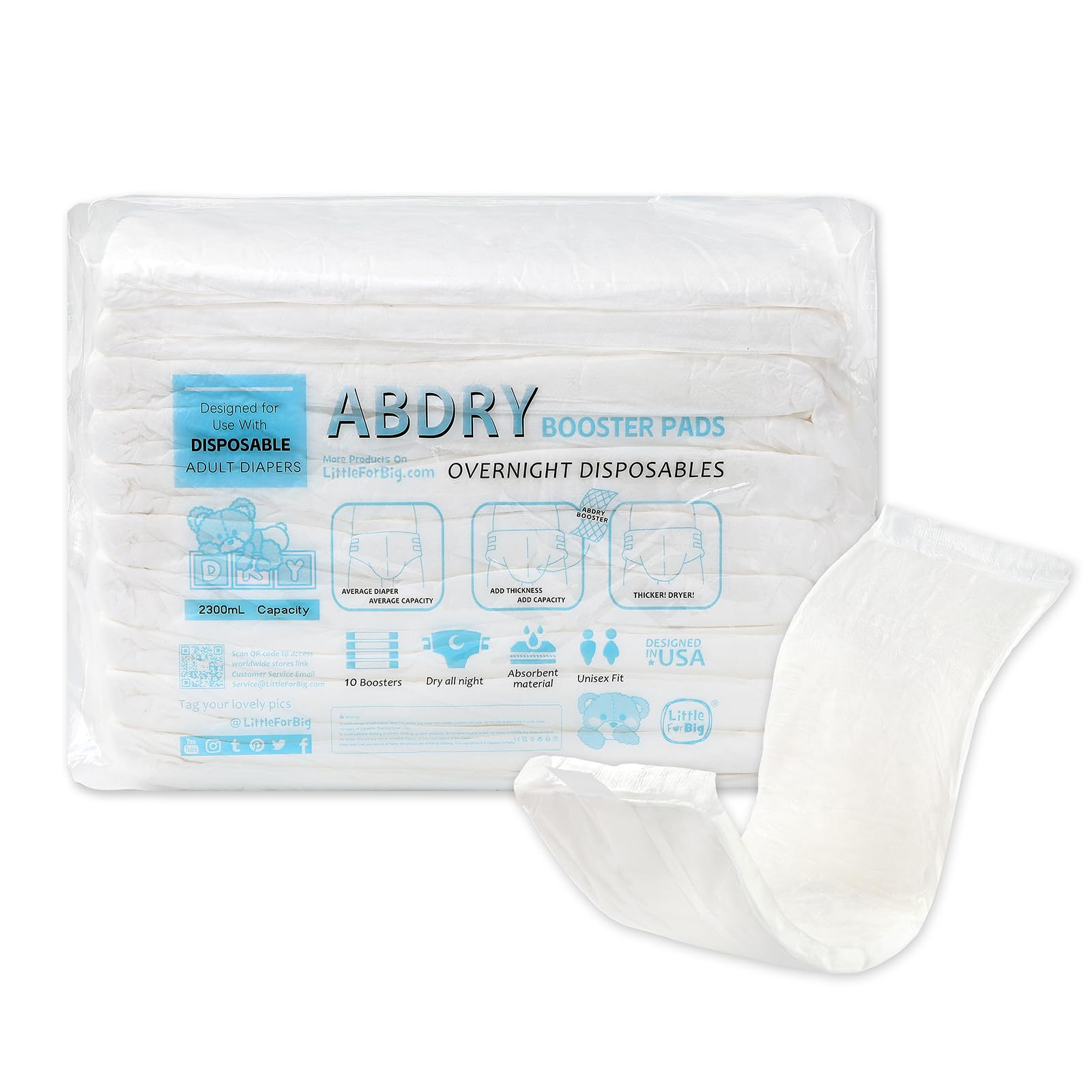 LittleForBig ABDry podkładki wzmacniające dla dorosłych z paskiem samoprzylepnym, 10 sztuk - ABDry Booster Pads