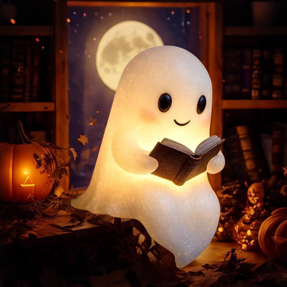 Enitmor Halloween Ghost LED Light 2026, Cute Warm Glow Halloween Ghost Decorations for Bedroom, Living Room, Study & Garden, 3D Lighted Cute Ghost Light, Wireless Night Lamp for Table & Shelf (16CM)