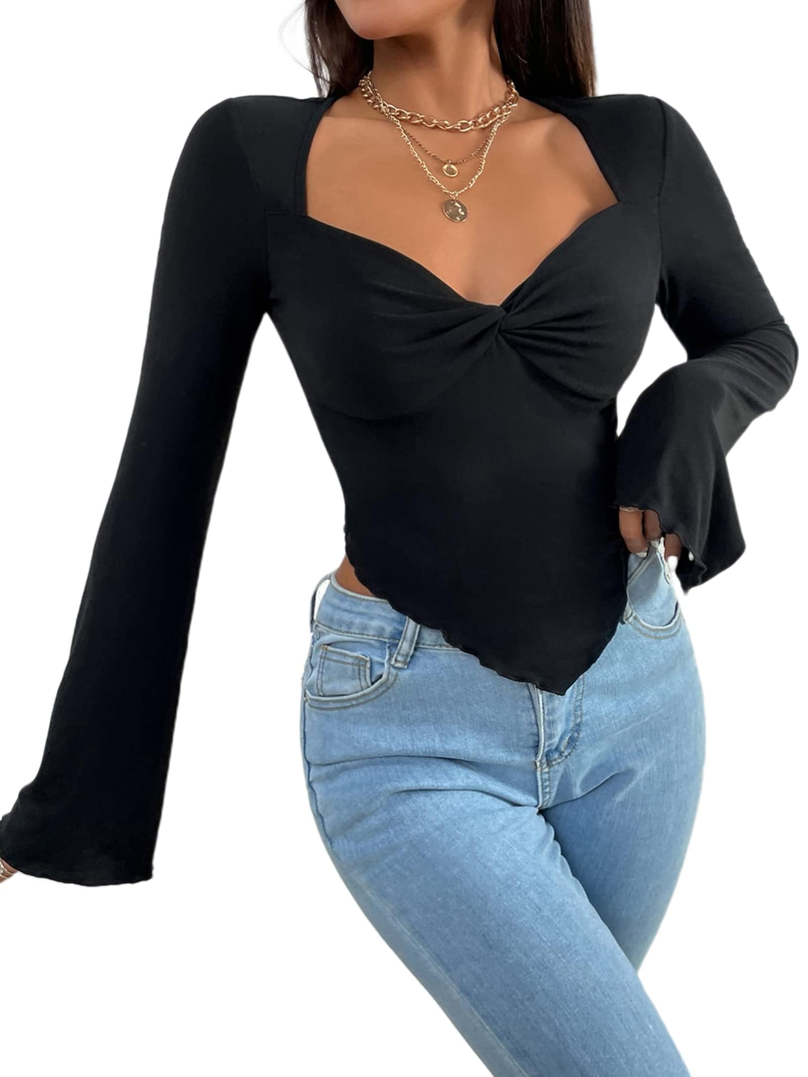 Avanova Women's Long Sleeve Square Neck Crop Top Twist Front Asymmetrical Shirt