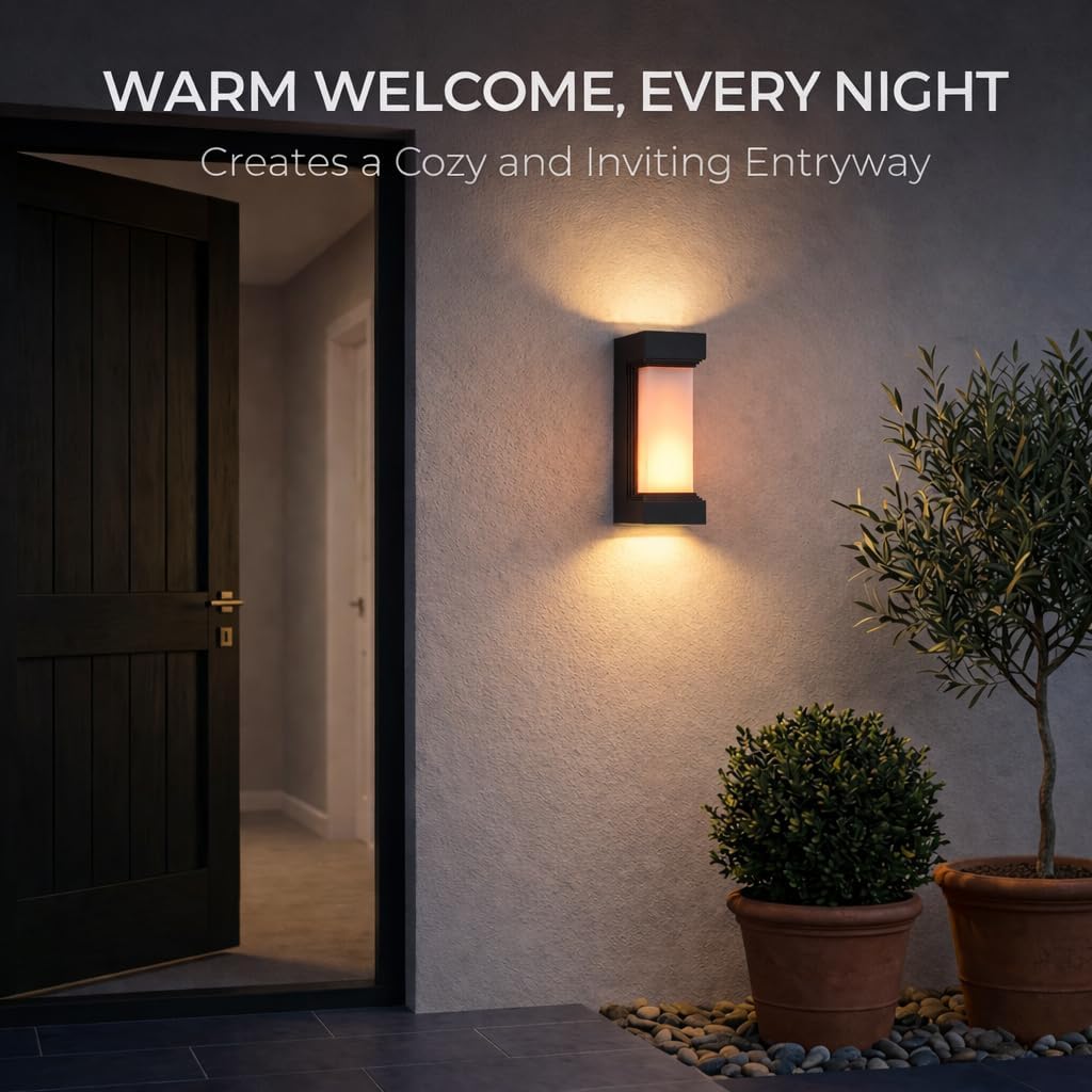 Modern Black LED Dynamic Flame Effect Wall Light, 12W Outdoor Wall Sconce, 3000K Warm White Up and Down Porch Light, IP65 Waterproof Aluminum Fixture for Entryway, Patio, Pathway