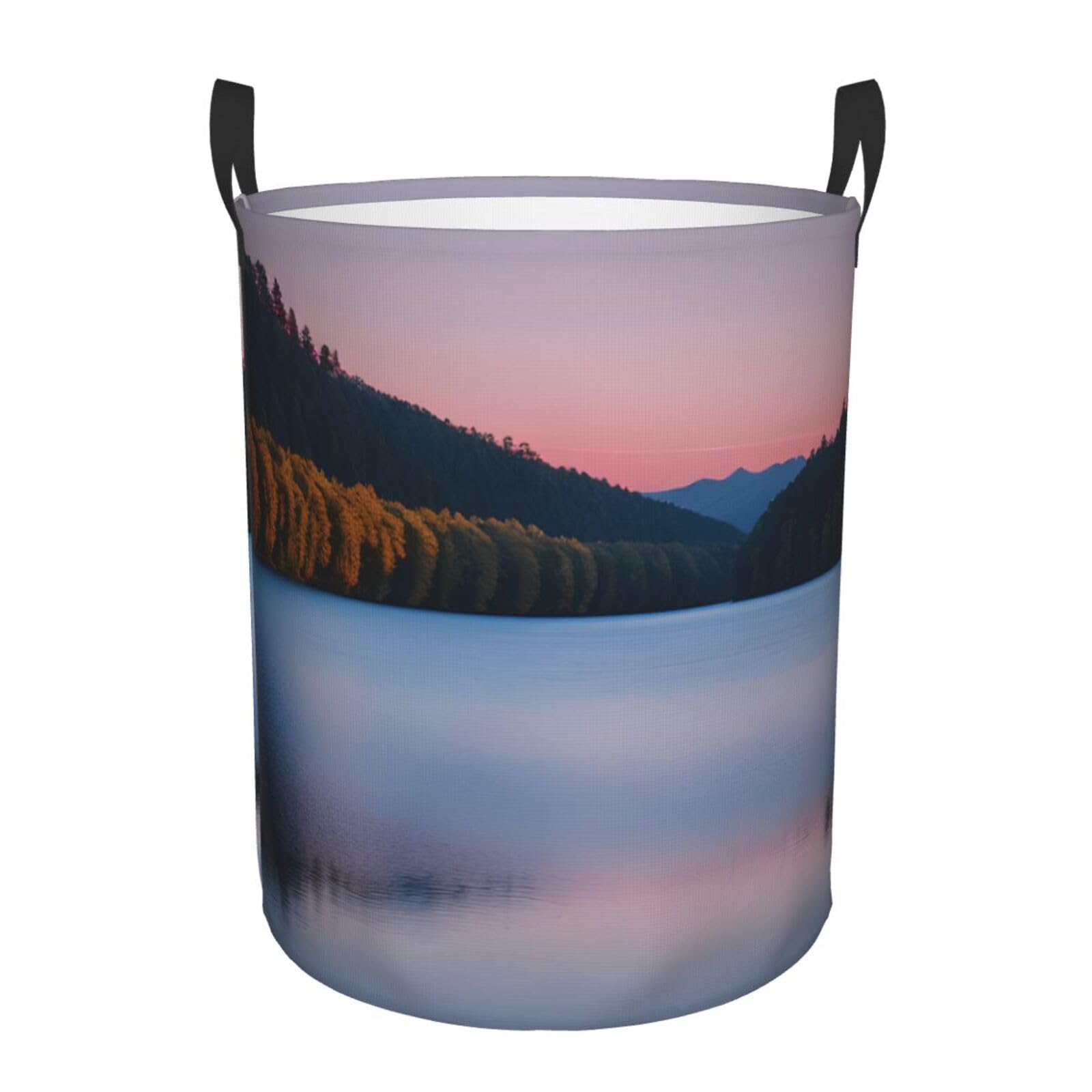 S Collapsible Laundry Hamper Round Lake under Sunset Print Storage