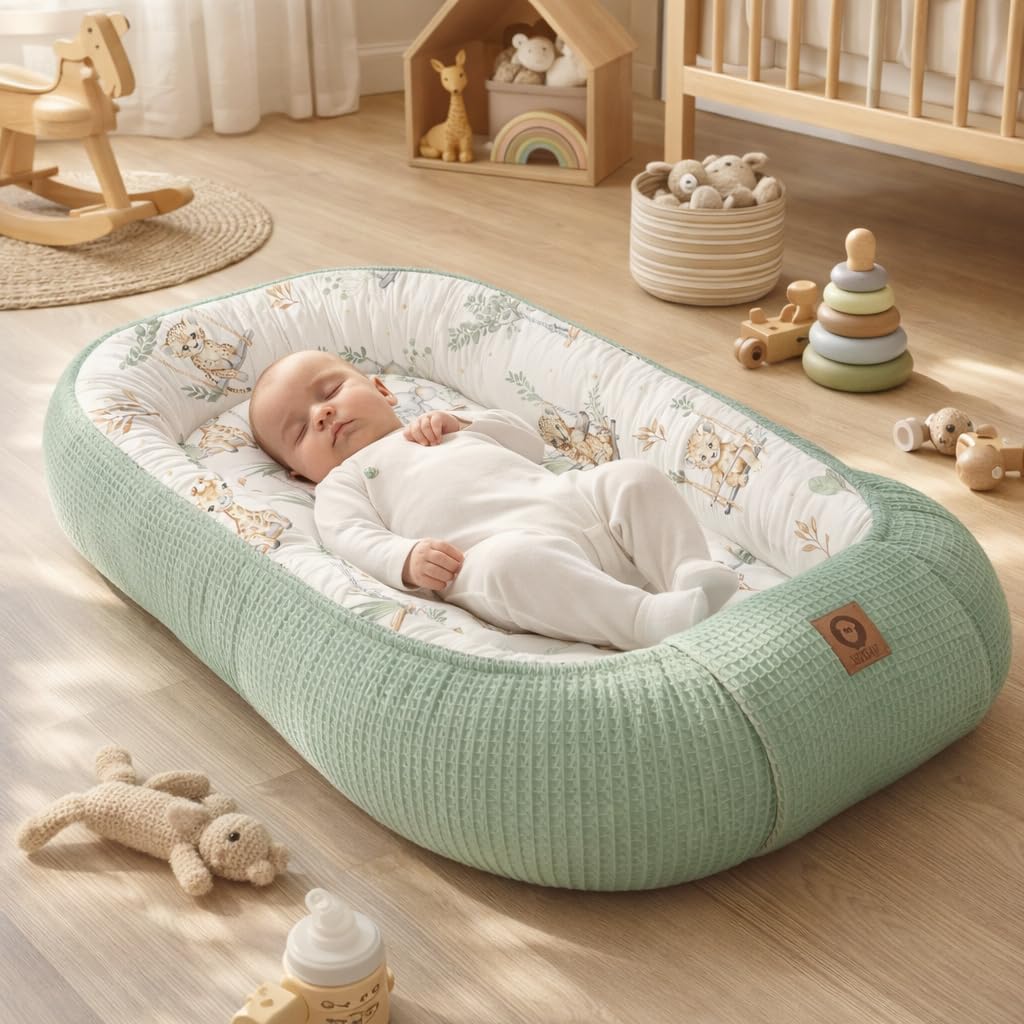 Babynestchen Neugeborene – Nestchen Baby aus Waffel Baumwolle & Baumwollstoff – Babynest für Babybett & Kinderbett – Baby Kokon Tragbar – OEKO-TEX – Zubehör für Babybett - Schaukeln und Mint