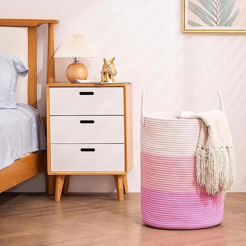 Image of Large Basket Natural Cotton Rope Storage Basket and Hamper for Cloths and Multi Usage in Living Room, Bedroom, Laundry Room (Size - 14 inch x 14 inch x 16 inch) (Pink Tiranga)