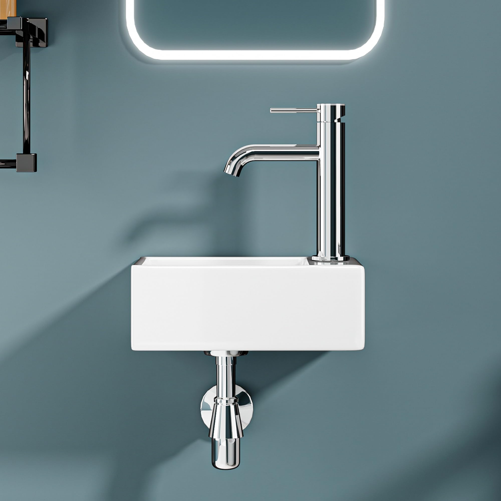 Mini Lave-Mains Ultra Compact Sortie Droite 30x19x11 cm – Vasque en Céramique Blanche Brillante – Idéal pour Toilettes, WC et Très Petits Espaces – Design Épuré et Moderne