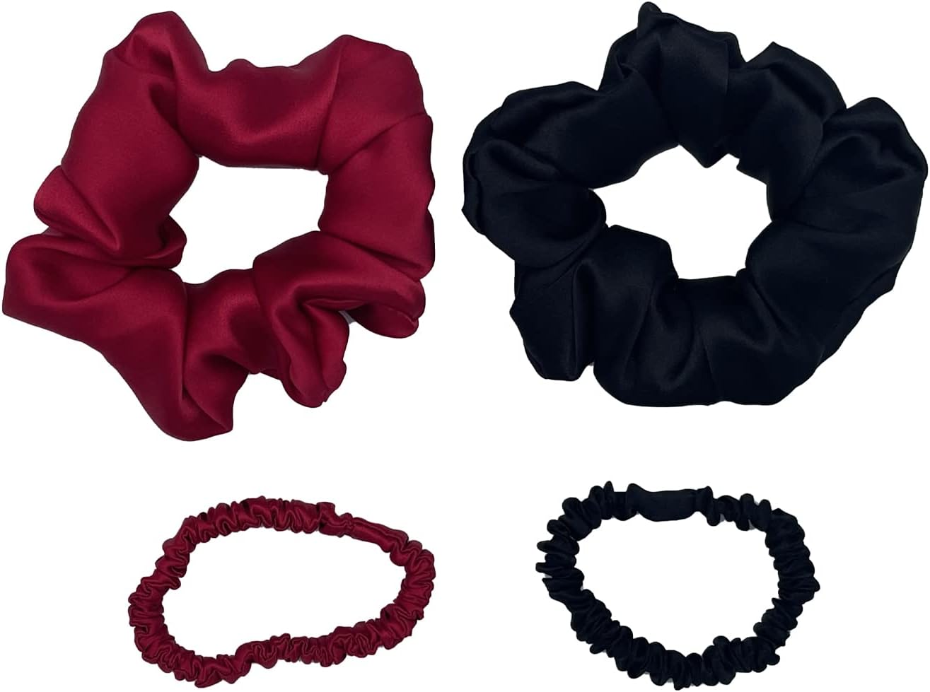 V-COOOL Mulberry Silk Scrunchies for Curly Hair, Elastic Hair Bands for Ponytail Holder for Women Girls Gift, Silk Scrunchies Different Sizes(Large Small 4 Pack,Black - Red)