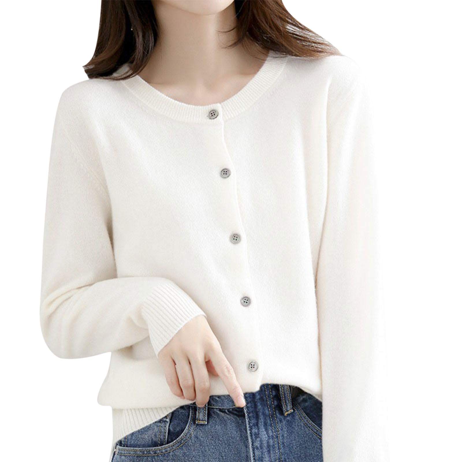 Cárdigan de punto para mujer, manga larga, cuello redondo, suéter de punto para primavera, chaqueta de entretiempo, monocolor, manga larga, sin costuras, ligero bolero con botones, elegante cárdigan