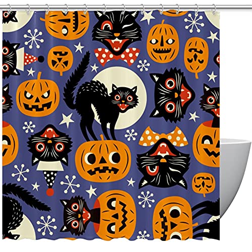 Rideau de douche Halloween citrouille et chat noir avec crochets - 2