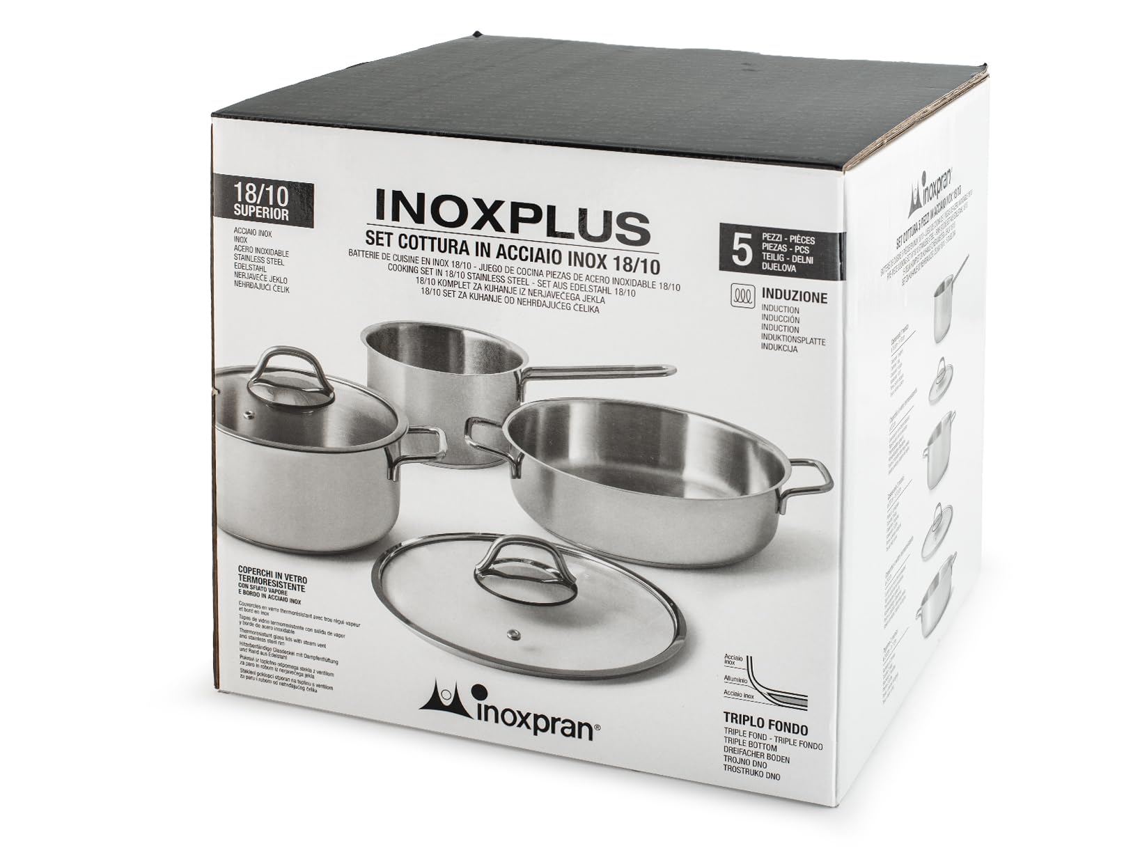 Batteria 5 Pezzi Inoxplus in Acciaio Inox 18/10, Triplo Fondo per Tutti i Piani Cottura Inclusa Induzione, con Coperchi in Vetro – Elegante e Resistente