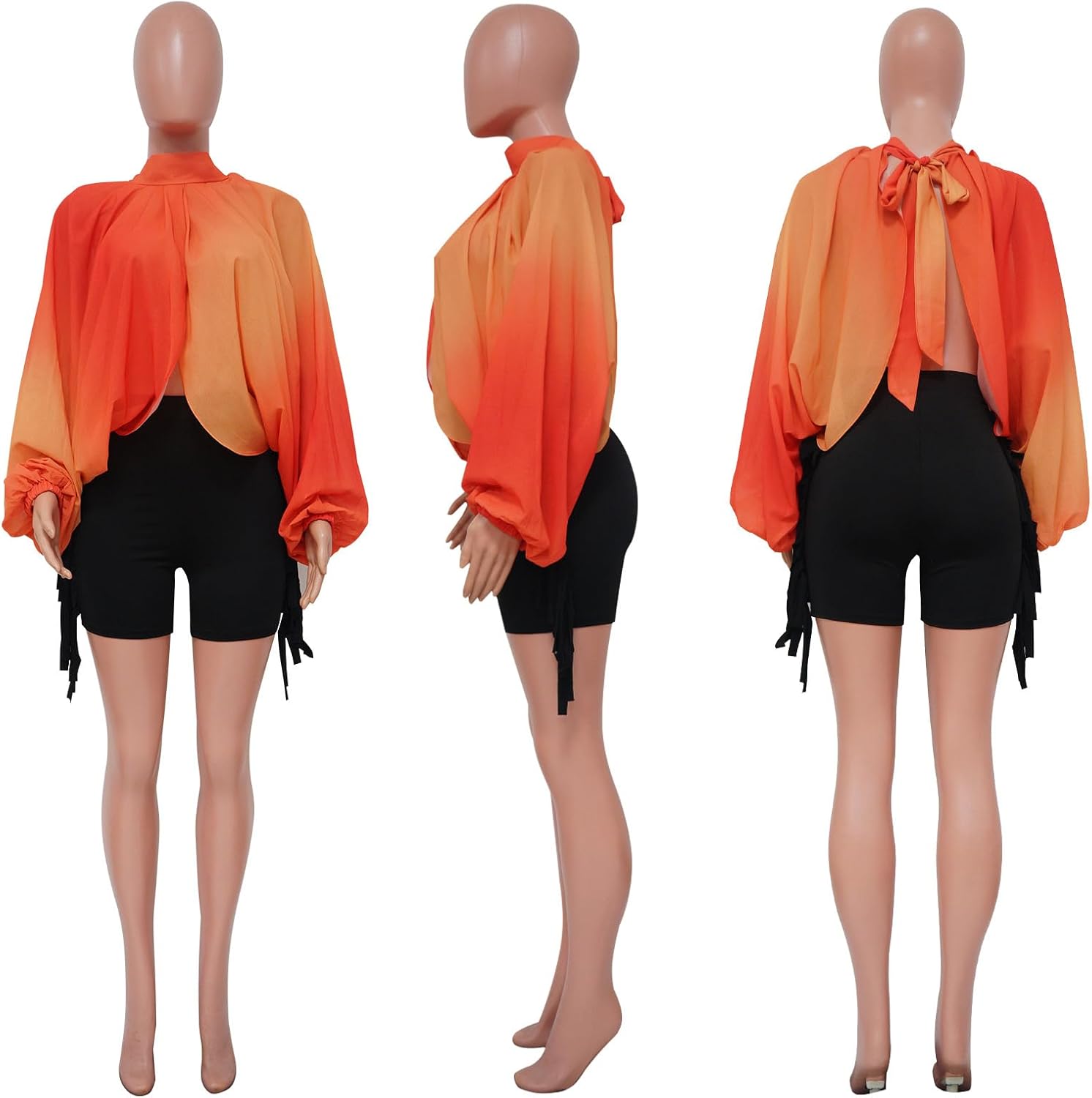 Ophestin Womens Print Sexy Open Back Sheer Chiffon Balloon Sleeve Shirt Blouse Tops Coverup - Image 5