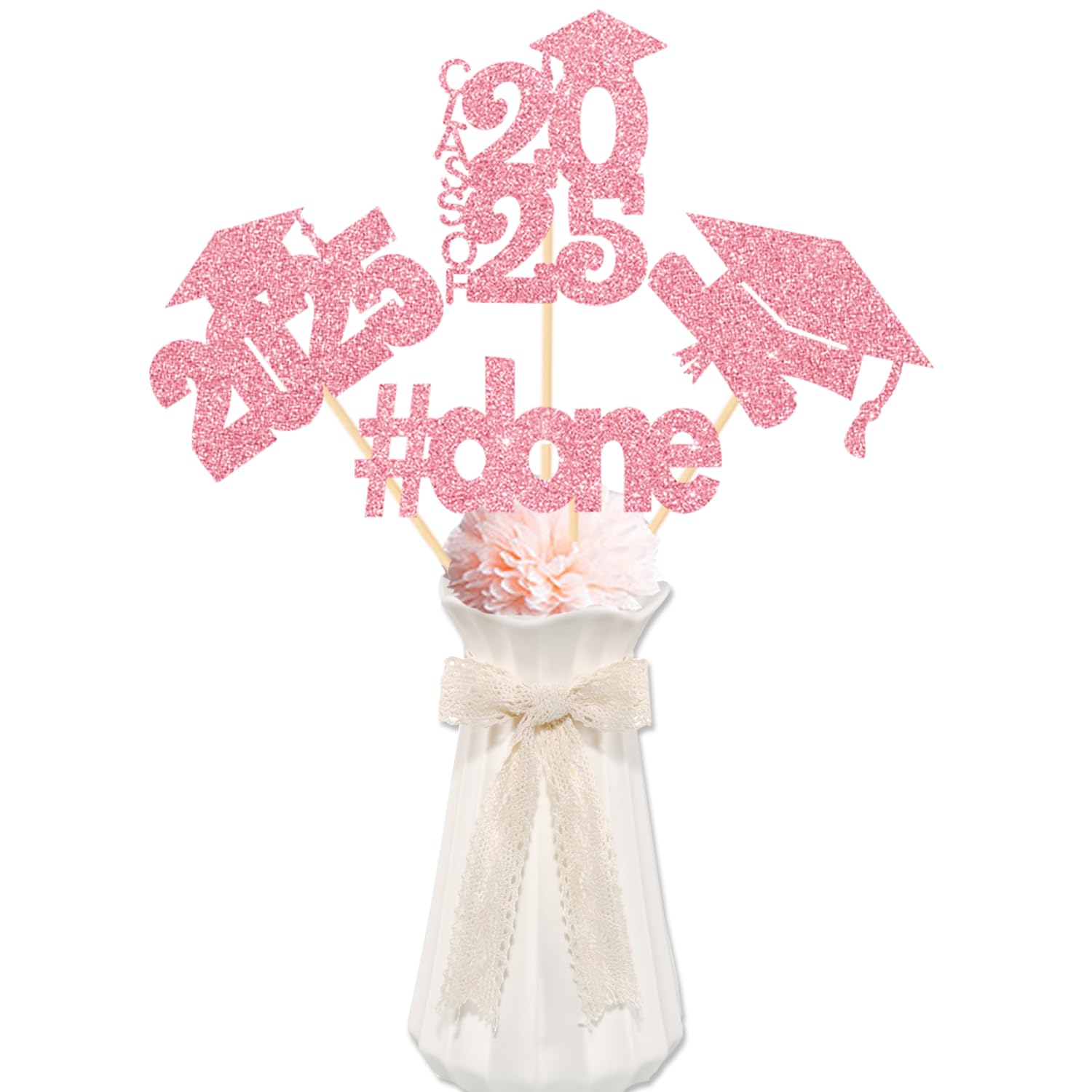 CAVLA 16 Pieces Rose Gold Glitter 2025 Graduation Party Centerpiece Sticks Class of 2025 Done Graduation Cap Diploma Table Toppers 2025 High School