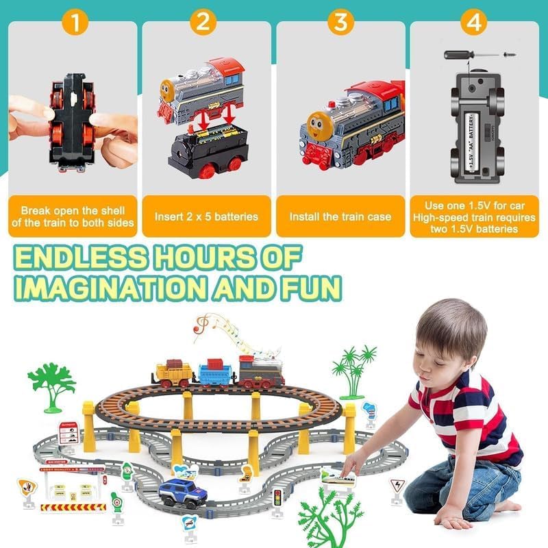 Samtop Kids Plastic Electric Train and Car Toy Track Playset Tracks Car Set Industrial City Transportation Theme Electric Train and Car for Kids Boys Girls (Multicolor) 1