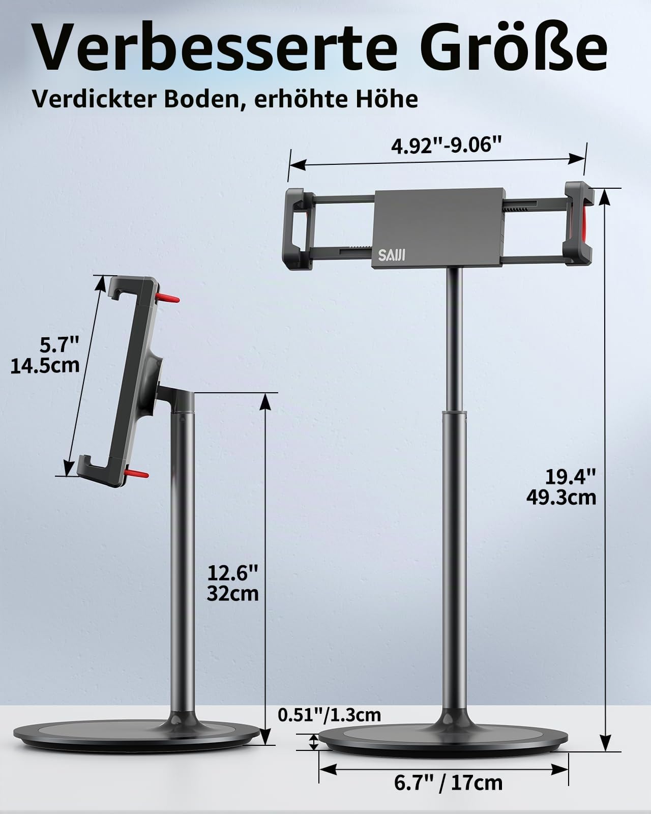 SAIJI Tablet Ständer Verstellbare, Tablet Halterung mit Große Stabil Basis, Winkel Höhe einstellbar kompatibel mit 4,7-12,9" iPhone iPad Pro Air Mini (Schwarz)