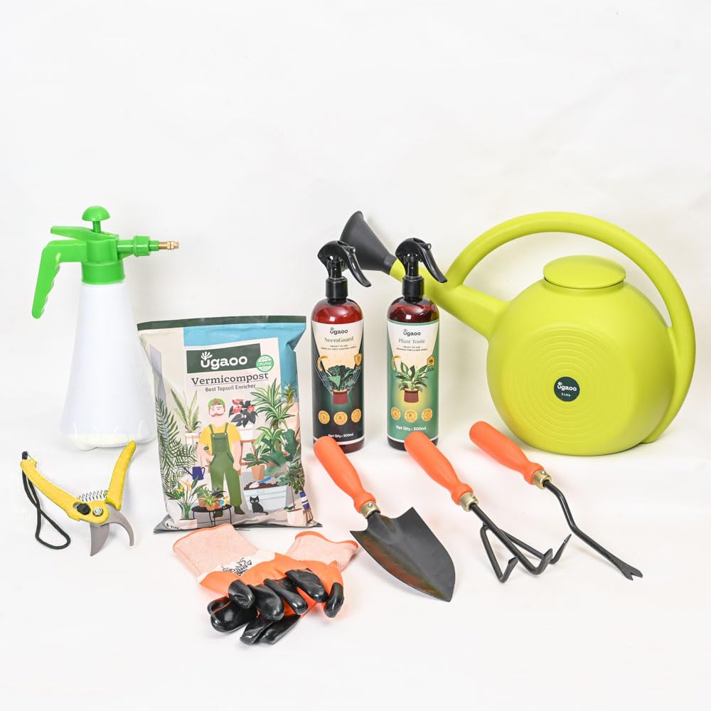 UGAOO Outdoor Gardening Tool Kit for Balcony, Home | 10 Pcs | Cultivator, Weeder, Trowel, Pruner, Spray Pump, Watering Can, Vermicompost, Plant Tonic Spray, Neem Guard Spray, Gloves (B0D1CSTBX9) Amazon Price History, Amazon Price Tracker
