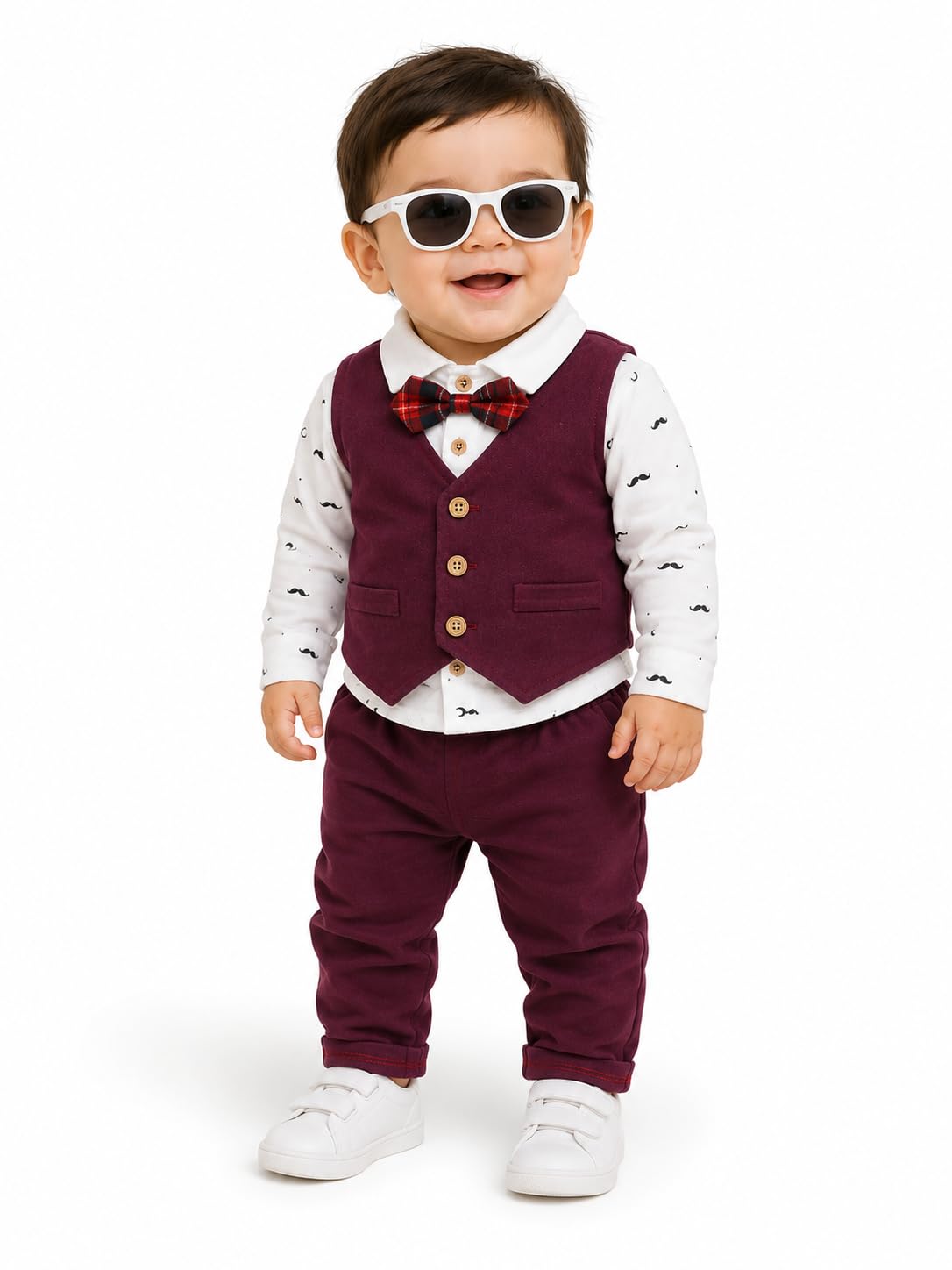 Premium Maroon 3 Piece Suit Set for Baby Boys | Shirt, Waistcoat & Pant with Bow Tie | Stylish Kids Formal Dress for Birthday, Wedding & Festive Occasions-image-2