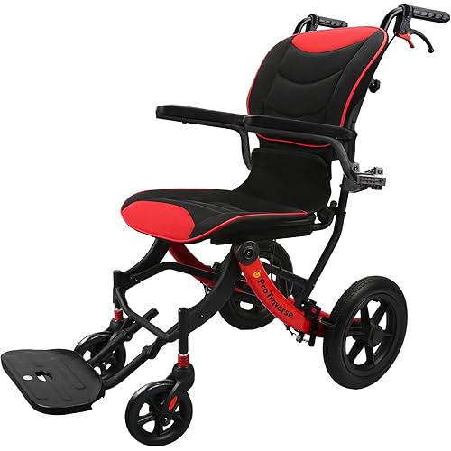 Wheelchairs for Adults,Transport Wheelchair Lightweight Foldable with Removable Cushion,Ergonimic Transfer Chair with 11-inch Rear Wheels for All Terrains,Travel Wheelchair,Red