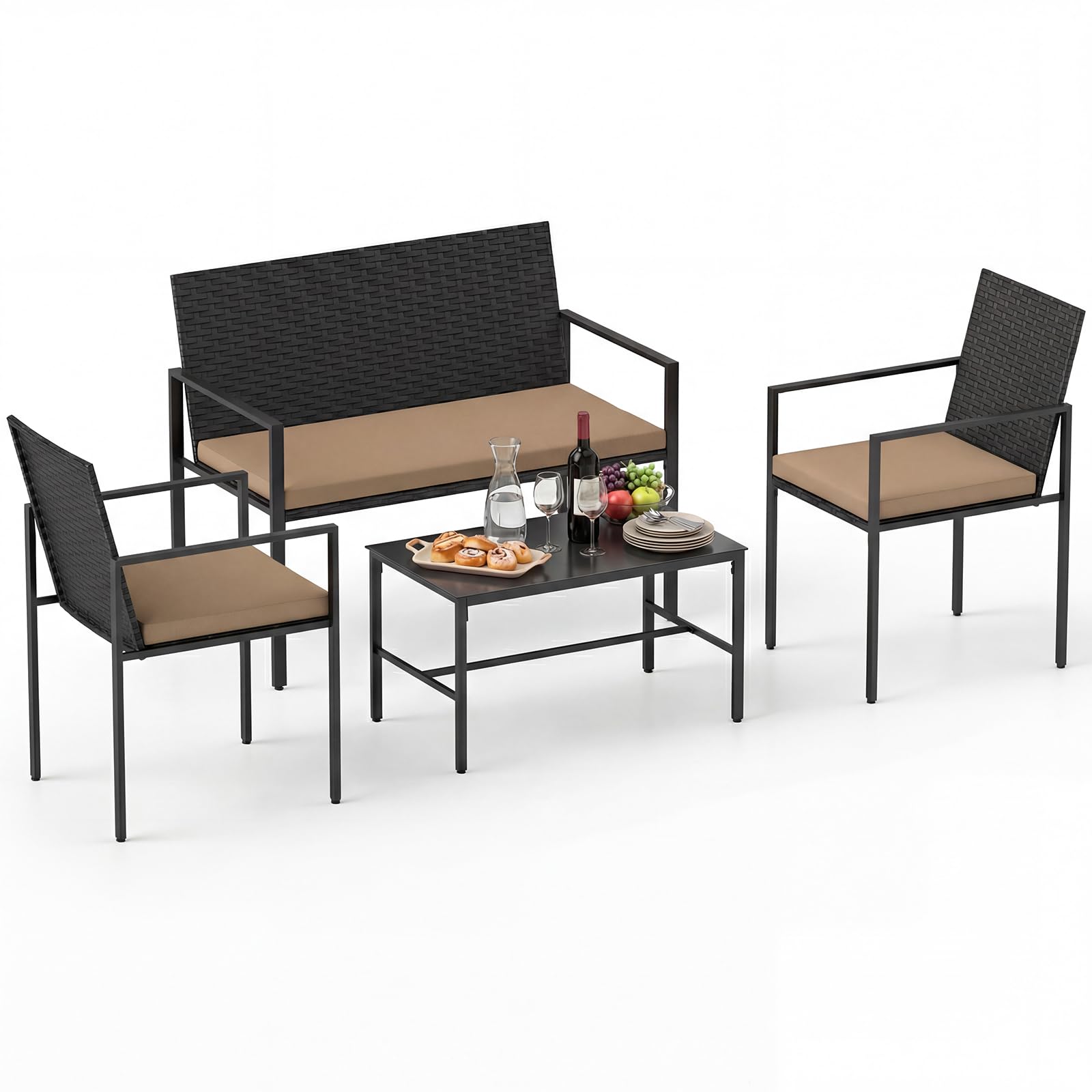 COSTWAY Set di Salotto da Giardino a 4 Pezzi, Poltrone e Divano per Esterno in Rattan con Tavolino da Caffè in Vetro Temperato e Cuscini Morbidi, Set di Conversazione per Cortile e Balcone (Giallo)