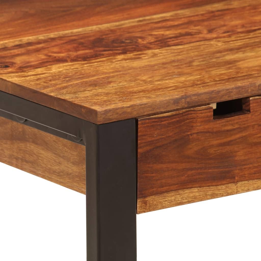 Escritorio 110 x 55 x 78 cm, madera maciza de acacia, patas de acero, con 2 cajones, bandeja para teclado, para oficina y hogar, pulido