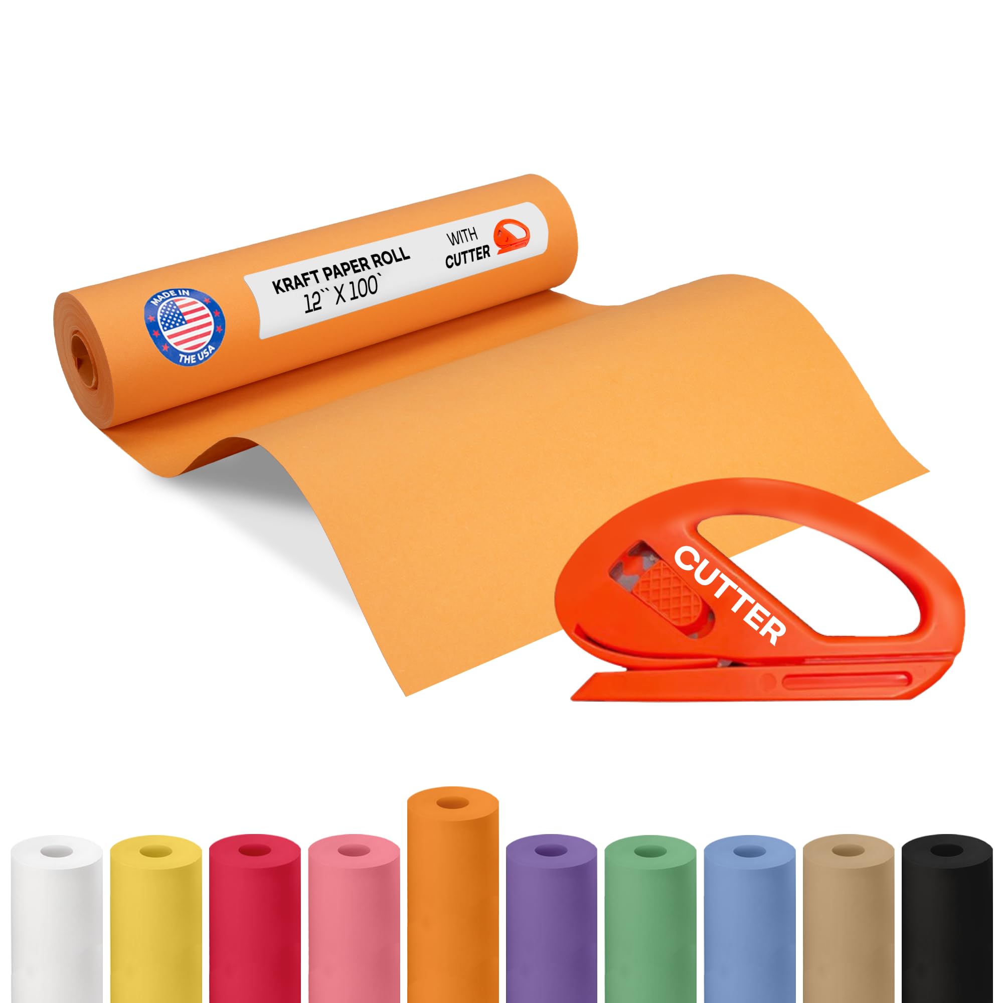 Orange Kraft Paper Roll 12" x 1200" (100 feet) with Cutter - USA-Made Wrapping Paper for Packing, Moving, Shipping &amp; Crafts/Arts - 100% Recyclable Natural Craft Material by IDL Packaging