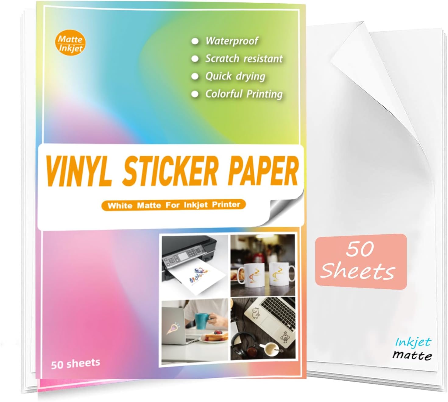 Waterproof Printable Matte Vinyl Stickers Paper for Inkjet Printer- 50 Matte Sticker Paper White Decal Cricut Sheets A4 - Holds Ink Beautifully & Dries Quickly